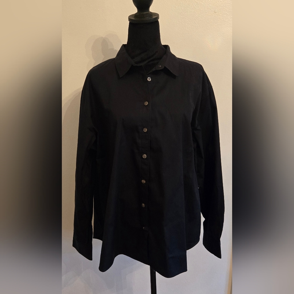 Spanx Womens Black Oversized Cotton Poplin Button Up Blouse Shirt XL
